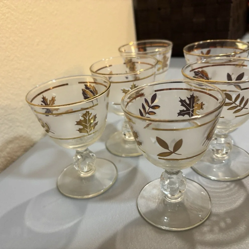 6 Libbey Gold Leaf MCM Frosted Cordial Glasses Set Barware Vintage Collectible
